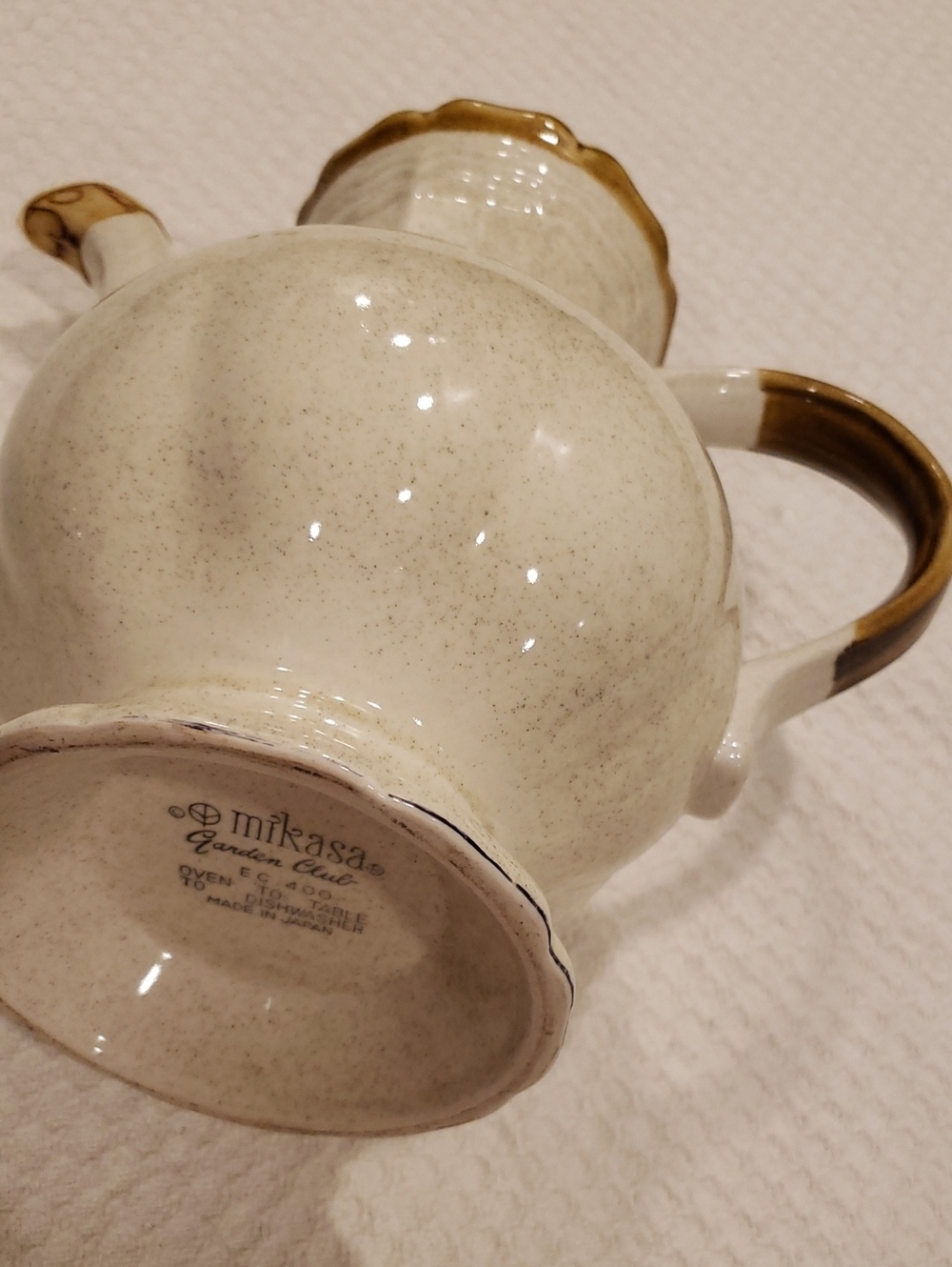 Mikasa Cream Speckled Ceramic Pitcher with Gold Accent,  Made In Japan